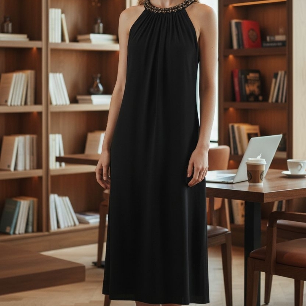 Donna Ricco Black Beaded Halter Maxi Dress